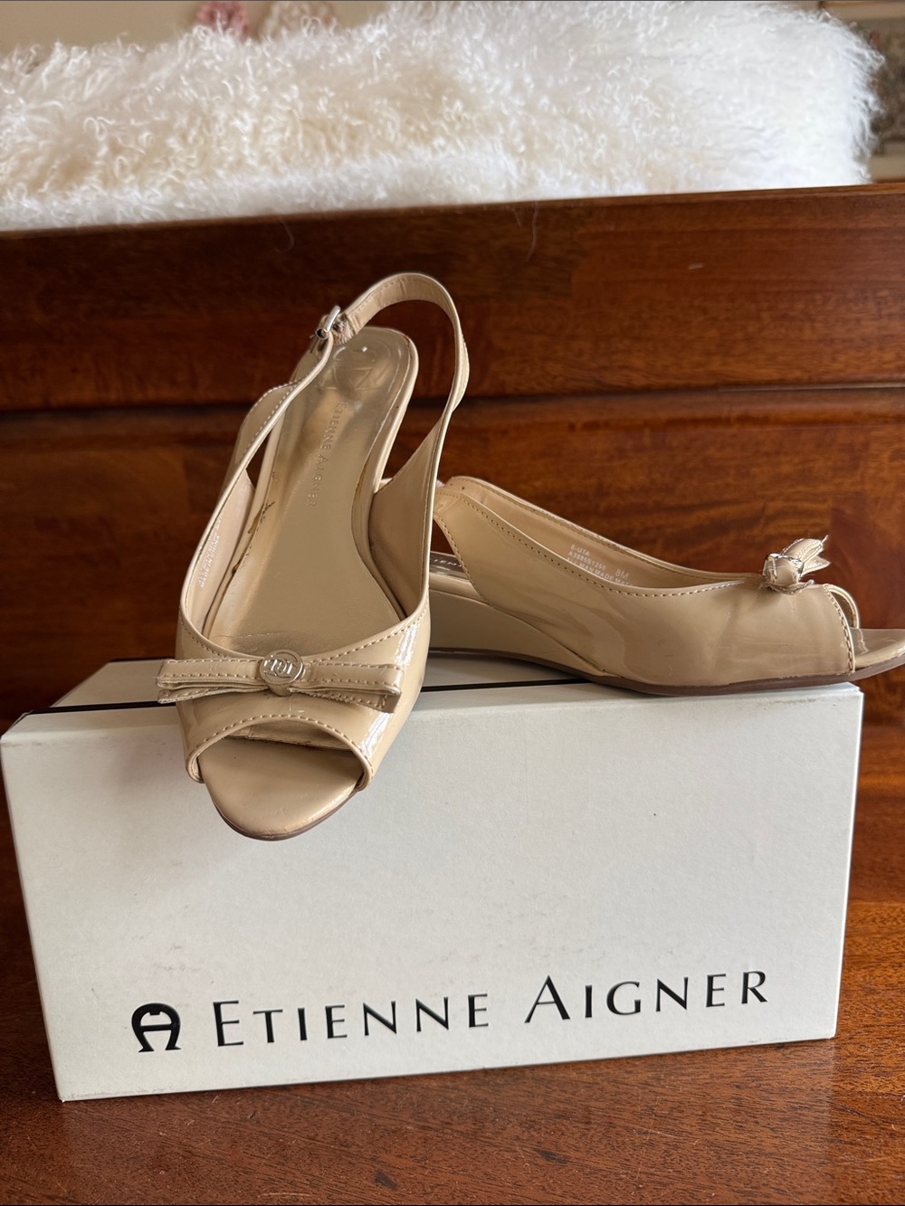 Etienne Aigner Women's Nude Beige Patent Slingback Peep-Toe Wedges